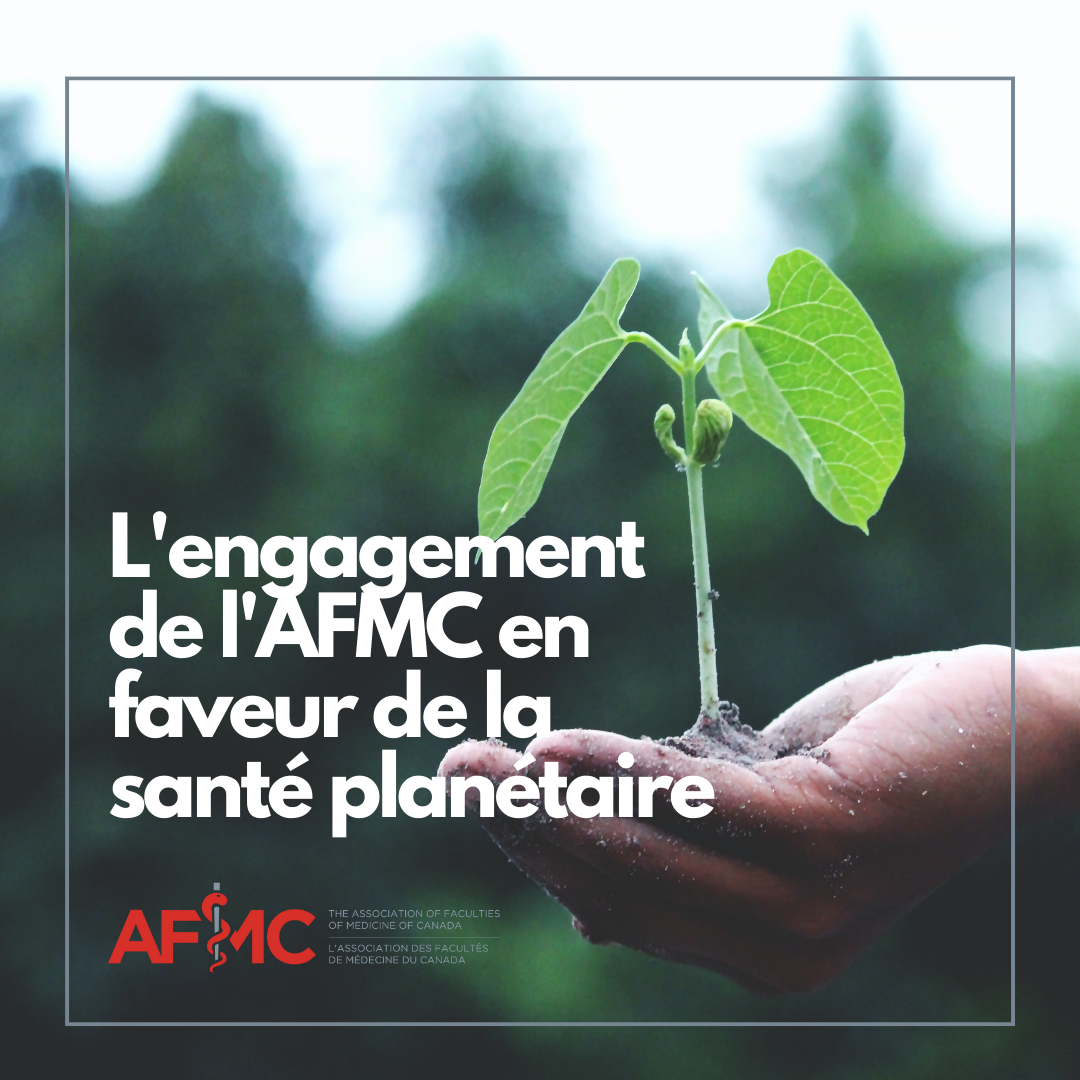 Image of a person holding a green plant. Text that reads "AFMC's Commitment to planetary health". AFMC logo at the bottom.